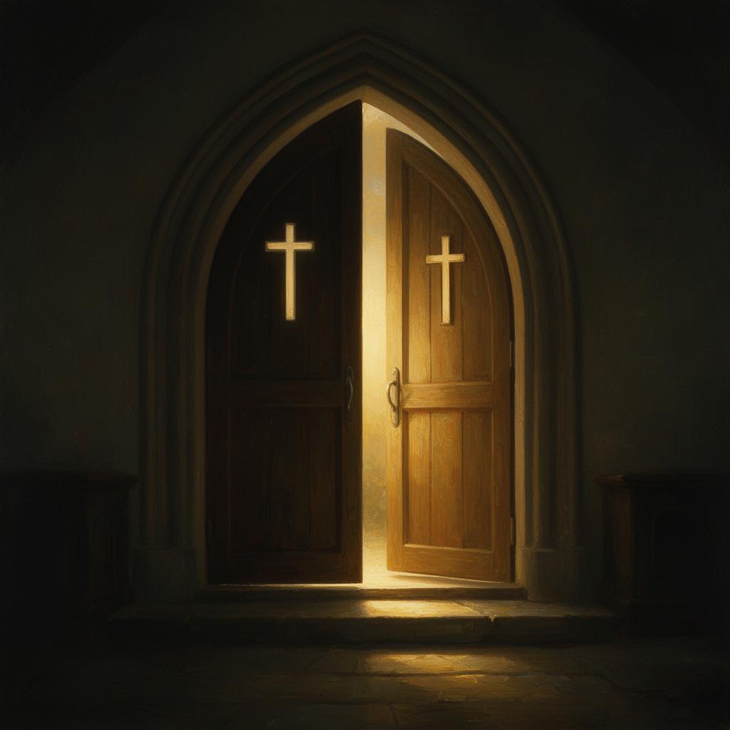 Porta entreaberta com luz dourada